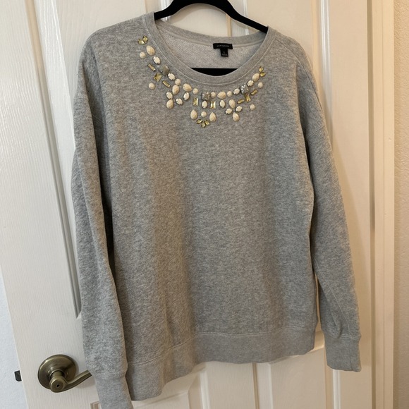 Ann Taylor Gray BEADED NECK CASUAL SWEATSHIRT LOUNGE COMFY SWEATER SIZE: L - Picture 1 of 5